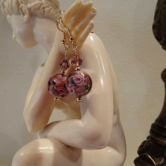 Handcrafted pink floral Murano earrings with gold-filled earwires. - Picture 3 of 7